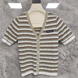 Miu Miu White, Olive & Brown Striped Short‑Sleeve V‑Neck Cardigan